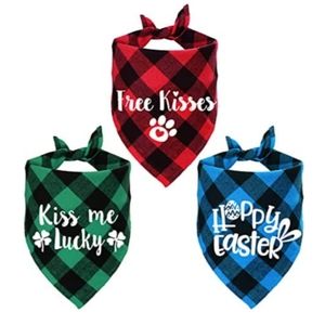 3 Pack Holiday Plaid Dog Bandana, Dog Valentine's Day St. Patrick's Day Easter